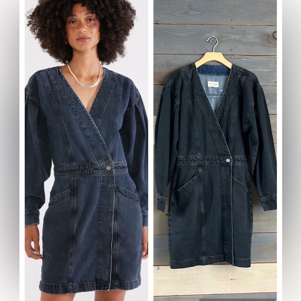 Anthropologie Etica Denim Balloon Sleeve Wrap Mini Dress M NWOT